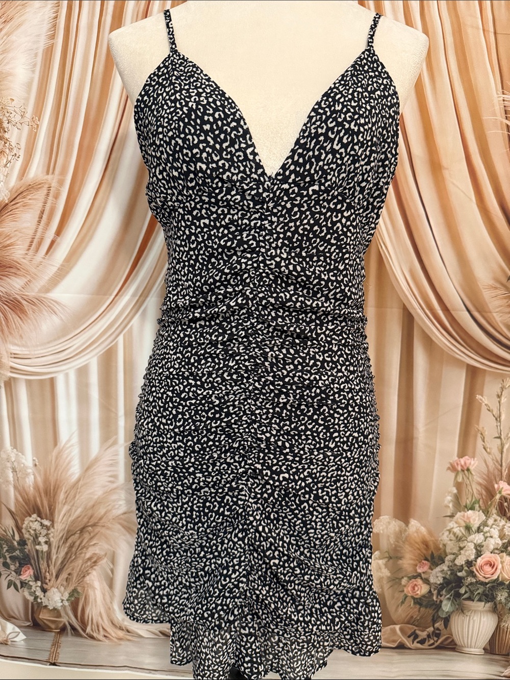 glam Black & White Spotted Ruched V-Neck Spaghetti Strap Mini Dress